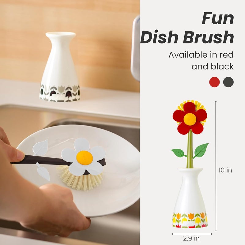 Vigar Flower Power Dish Brush with Vase Brush Holder, Dish Brush with Handle for Pot Scrubber, Dishes, Sink, and Kitchen Essentials, White, Black - Image 2